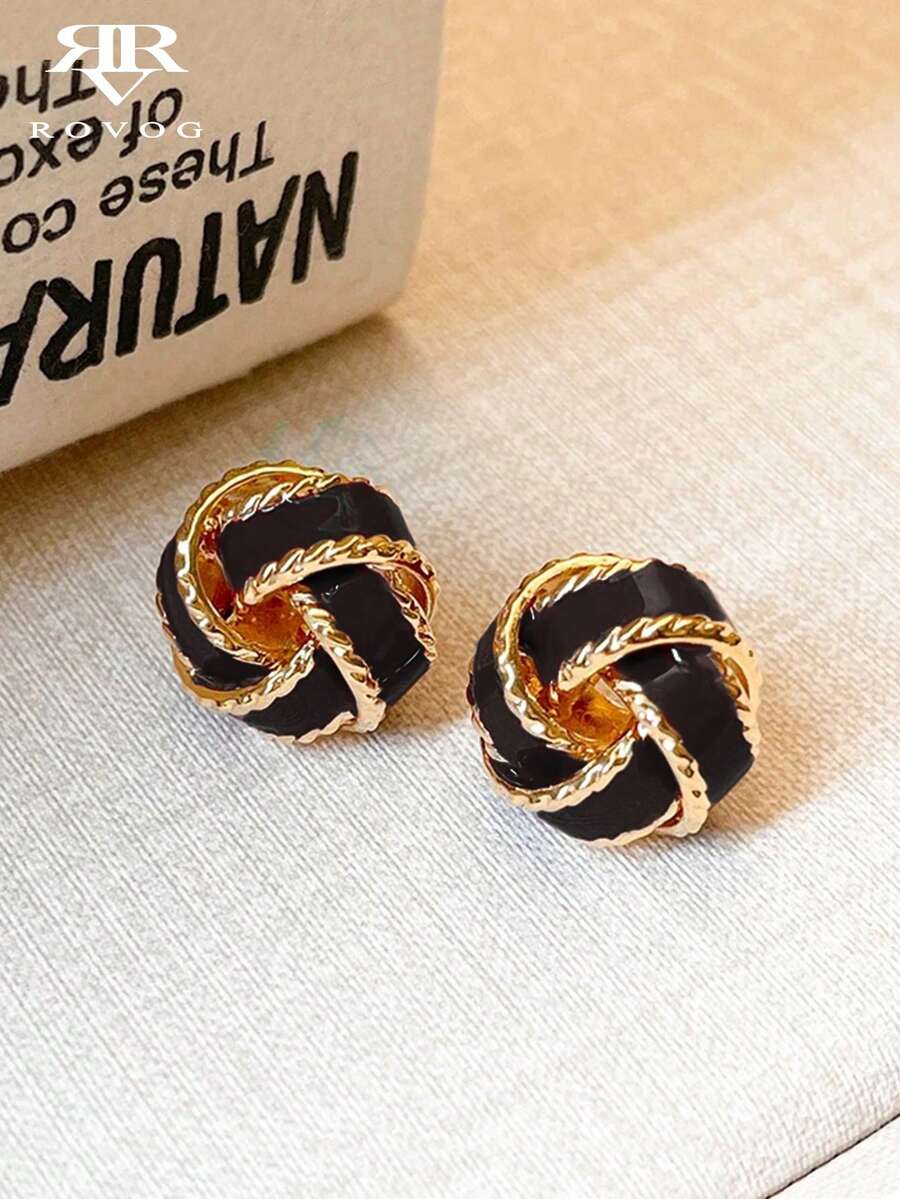 1 Paar elegante, minimalistische geometrische Kreis-Knoten-Design schwarze Ohrringe zum Baumeln, geeignet für den täglichen Gebrauch, den Arbeitsweg, Lässig und Urlaubsoutfits - Schwarz - Übersicht 1