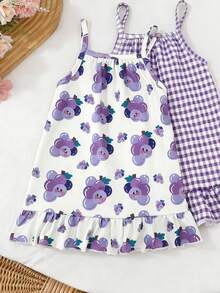 2pcs/Set Girls Casual Red Plaid Strawberry Print Off-Shoulder Cami Dress, Suitable For Party, Holiday, Leisure, Vacation, Outdoor Wear, Summer - Purple - View 4