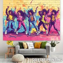 2D平面，1件装2D五女跳舞涂鸦砖墙艺术风格背景布，派对横幅，创意嘻哈舞会音乐工作室摄影生日庆祝夏季派对线上会议，2D平面 - 1pcs - 查看 6