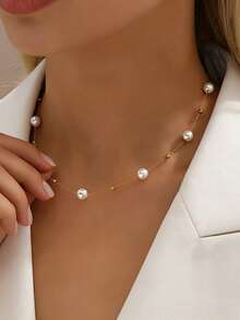 1pc Simple Pearl Beads Chic Exquisite Necklace Gold Color Thin Chain Minimalist Charm Collar Jewelry Women - Yellow Gold - View 1