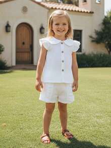 Baby Girls Shorts Set, Fly Sleeve Doll Collar Vest With Elastic Waist Shorts Summer Outfit - White - View 7