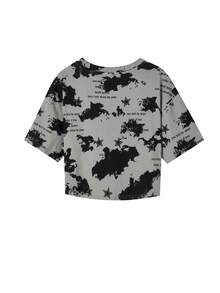 JUTU Summer Grey Round Neck Short Loose Letter Print T-Shirt, Fashionable Versatile Tie-Dye Cropped Top, Casual - 396 Cement Ash - View 9