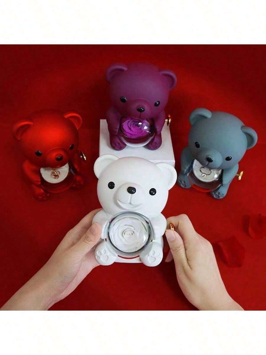 1个情人节玫瑰拥抱熊礼盒创意旋转玫瑰首饰盒红色香皂花礼盒项链收纳戒指女士礼盒（不含首饰）