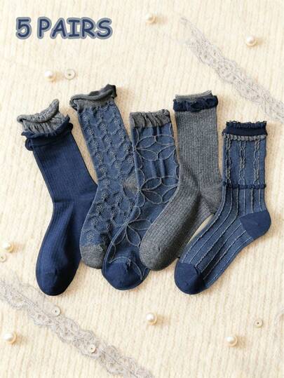 5 pares de calcetines clásicos de color azul marino retro de media pantorrilla, estilo casual adecuado para uso diario