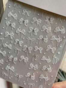 1片白色蕾丝蝴蝶结美甲贴纸，高品质5D仿珍珠水钻设计，自粘式美甲装饰贴纸，美甲用品，美甲贴纸 - 白色 - 查看 8