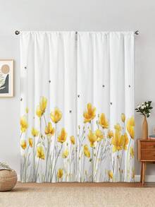 2pcs Yellow Flowers Print Kitchen Window Curtain,Without Holes Curtain,Refer To Bedroom Office Kitchen Living Room Study Home Decor - Multicolor - View 5