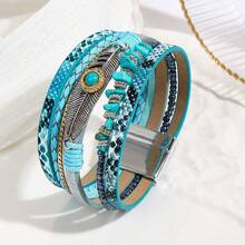 1pc Bohemian Style Beaded, Feather & Leather Women Bracelet, Creative Vintage Turquoise Magnetic Clasp Wristband, Versatile For Party And Daily Wear - Bracelet - View 13