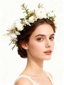 乡村风白色布艺花环新娘婚礼头饰，仪式拍照道具，沙滩拍照发箍配丝带 - 白色 - 查看 4