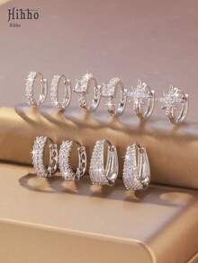 10件/套 时尚简约星芒锆石耳钉，适合优雅女孩日常穿搭和情人节礼物 - 10件耳飾套裝 - 查看 2