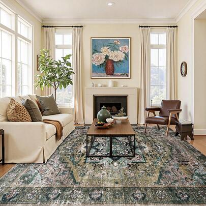 Area Rug For Living Room Bedroom, Machine Washable Vintage Area Rug With Non-Slip Backing, Soft Carpet