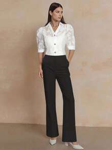 Amyenjoylife 现代菲律宾风印花衬衫，前开襟V领泡泡袖女式衬衫，适合假日、度假、办公、约会、旅行、春夏穿着，白色衬衫 - 白色 - 查看 3