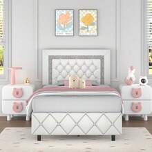 Upholstered Bed Frame, Modern Platform Bed Frame With Headboard And Footboard, No Boxing Spring Needed, Easy Assembly, Black// Pink/ Purple/ White/ Beige / Green, Twin/ Full// King - 白色 - 查看 7