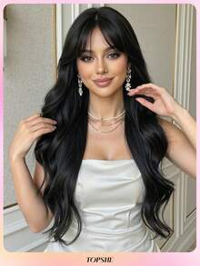 TOPSHE 13*5*1 T型蕾丝前假发，24英寸柔软黑色无刘海假发，耐热合成纤维，适合日常、派对、旅行、角色扮演、圣诞节及其他场合。 - 黑色 - 查看 2