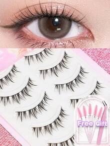 5 Pairs Of Natural False Eyelashes Fluffy And Soft 3D Mink Eyelashes Long Silky Eyelashesdaily Work Meetings Natural False Eyelashes Comfortable To Wear With Eyelashes Hand-Made Wing Elongated Natura Full False Eyelashes Free Eyelash Tweezers And Eyelash Brushes - 黑色 - 查看 6