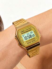 Casio A168WG-9W 男女通用时尚电子表 - 复古金色金属表带，带夜光计时功能 - 单只装。金色表盘，小方表盘，秒表闹钟定时器，经典表带设计，自动日历。适合日常佩戴。展现个性街头风格。可作为礼物送给她，例如生日礼物、周年纪念礼物、新年礼物、圣诞礼物。