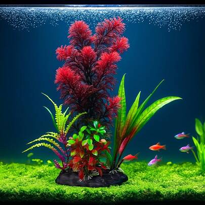 Decoración artificial de acuario de rojo y verde vívidos - Hecho de material de PE para simular plantas acuáticas, combinación de colores multicolor para decoraciones de pecera, proporciona puntos de fijación para bacterias nitrificantes, ofrece escondites para peces y camarones, resistente a la decoloración, fácil de limpiar, adecuado para acuarios de agua dulce, ideal para paisajismo de peceras tropicales y de camarones, decoración de acuario de bajo mantenimiento
