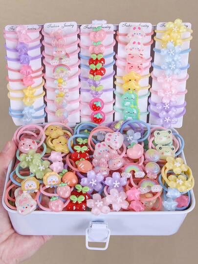 30個 女の子用マルチカラーフルーツ、動物、レインボー、星柄ヘアシュシュ、ポニーテール、バン、日常使い、学校に戻るのに最適なヘアゴム