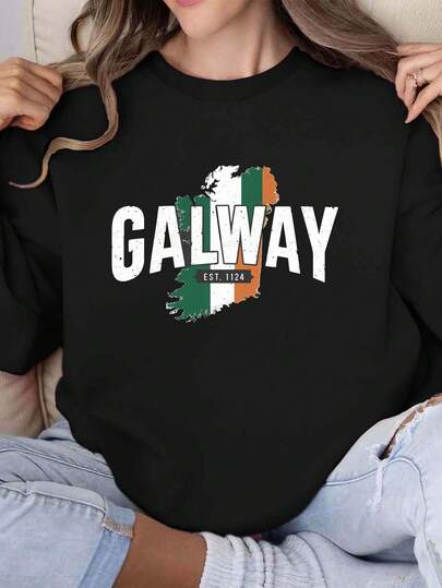 Women's Ireland Galway Est 1124 Graphic Print Crew Neck Sweatshirt - Irish Flag Color Block Design, Casual Fall & Spring Pullover, Machine Washable Non-Stretch Top, Comfortable Clothing, Harlan Ellison Style, Soft Fabric