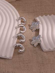 6-18 Pieces Of Women's Silver Fashion Earrings Set, Immortal Flower+Mount Taishan Stone Vertical Grain Water Drop+C-Shaped Fashion Retro Creative Design, Women's Personalized Daily Party Wear Date And Holiday Earrings Exquisite Holiday Gifts - Silver - View 5