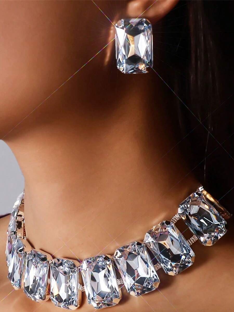 Bộ 3 món dây chuyền và bông tai đính đá vuông gợi cảm dành cho cô dâu, phụ kiện trang sức thanh lịch, lãng mạn cho tiệc cưới. - Bạc - Xem 1