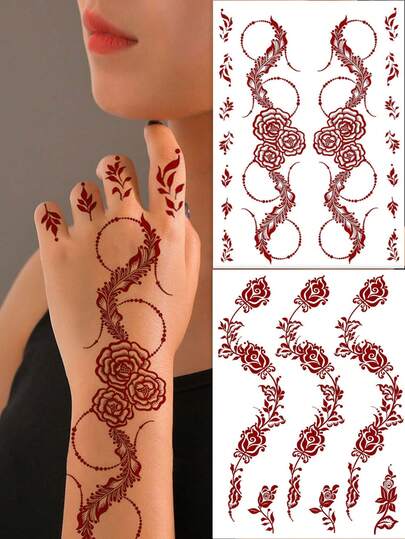 1pc Brown Waterproof Flowe Henna Tattoo Stickers For Women, Fake Tattoo For Hand Temporary Tattoos For Wedding Party Festival