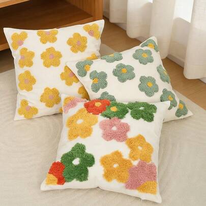 1pc Plush Floral Printed Decorative Pillow Cover, Cute & Fresh Farmhouse Style For Living Room Sofa, Daily Use And Festivals, Without Pillow Insert