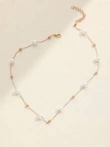 1pc Simple Pearl Beads Chic Exquisite Necklace Gold Color Thin Chain Minimalist Charm Collar Jewelry Women - Yellow Gold - View 2