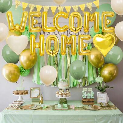 29pcs Welcome Home Decoration Balloon Set, Includes 18" Heart Shaped Balloons, Gold "Welcome Home" Foil Balloon Banner, Sage Green & White Heart Shaped Balloons, Pennant Flags, Suitable For Housewarming Party, New Baby Shower, First Meeting Celebration, Family Gathering And More