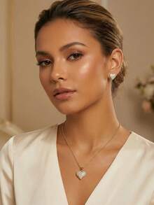 3pcs Set Glamorous Rhinestone Paved Heart Pendant Necklace & Stud Earrings, Gold Tone Fashion Jewelry Set For Women Party Gift - Gold - View 3