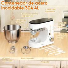 Batidora de pie multifuncional de 6,5 cuartos con 10 configuraciones de velocidad - incluye un gancho para masa, batidor y paleta para mezclar, adecuada para hornear, hacer pasteles, etc. - diseño de cabezal inclinable fácil de usar, base antideslizante, tazón para mezclar de acero inoxidable. - Tipo de Enchufe A USA (110-127V) - Ver 3