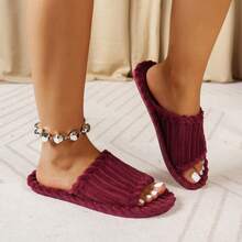 Women's Striped Fabric Slippers, Fashionable Casual Indoor Wear, Autumn/Winter - Burgundy - View 3