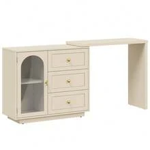 L Shaped Home Office Desk, Extendable And Rotatable Desk With 3 Drawers And Door, Corner Computer Desk, Modern Study Writing Table For Bedroom, Home Office - Beige - View 3