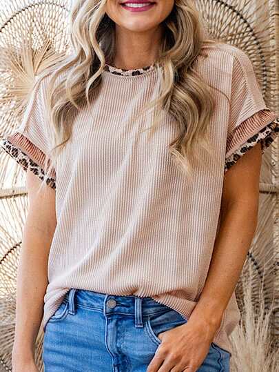 Acelitt 夏季纯色拼接豹纹领设计短袖圆领T恤