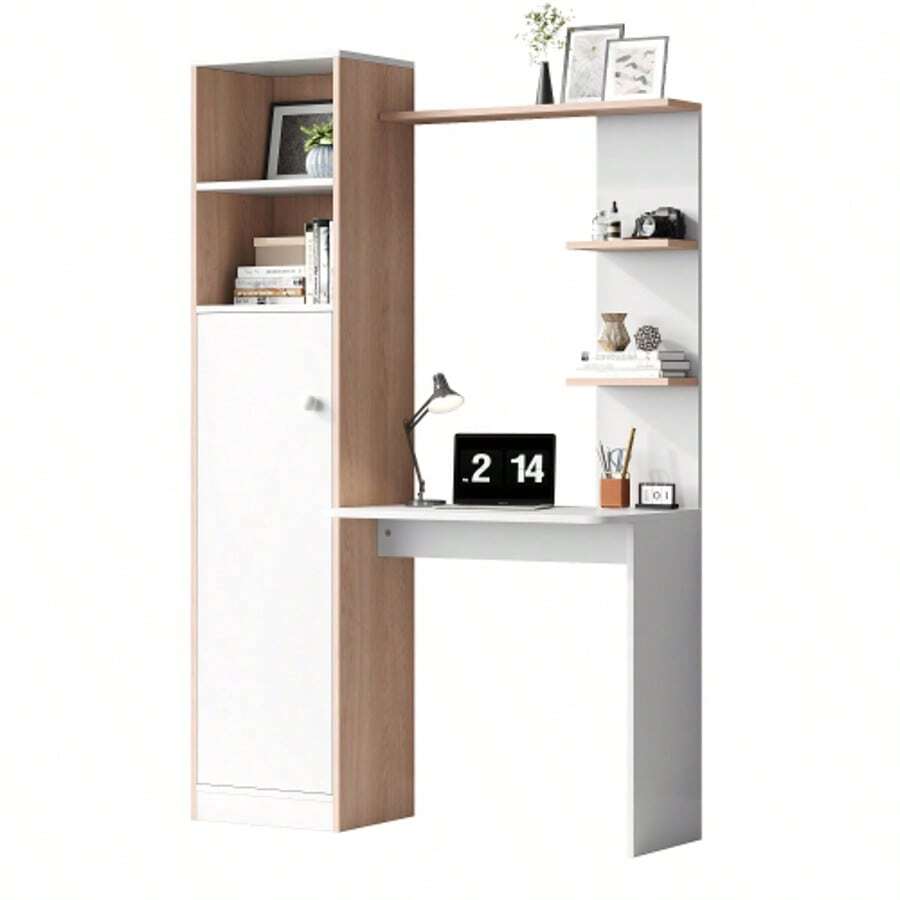 Desk/Work Table With Storage – White With Contrasting Slatted Wooden Top, Lower Cabinet With Doors And Open Upper Shelf, Office Design, 123.5 X 45 X 168.5 Cm