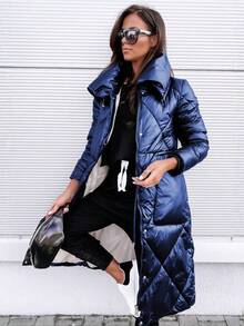 Women's Winter Long Puffer Coat Shiny Lapel Zipper Elegant Commuter Jacket - 藍色 - 查看 1
