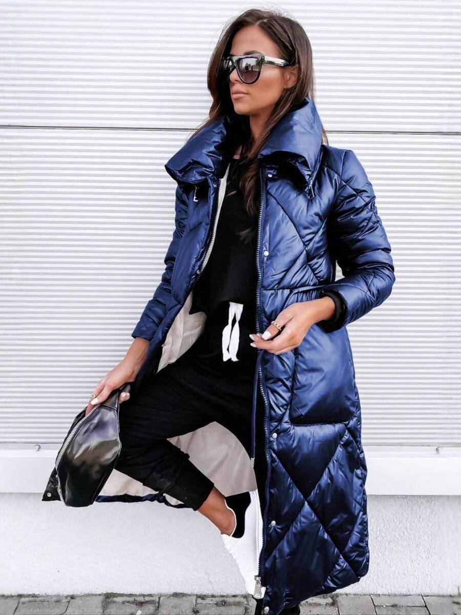Women's Winter Long Puffer Coat Shiny Lapel Zipper Elegant Commuter Jacket - 藍色 - 查看 1