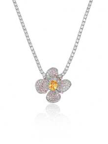 Luxury Floral Jewelry Set, Pink Crystal Petal & Yellow Gemstone Flower Necklace & Earrings, Elegant & Graceful For Formal Events - Multicolor - View 4