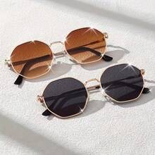 Set de 2 gafas de moda para mujer con marco metálico en forma de polígono y redondo, accesorio de estilo clásico en negro y marrón de doble uso - Multicolor - Ver 2