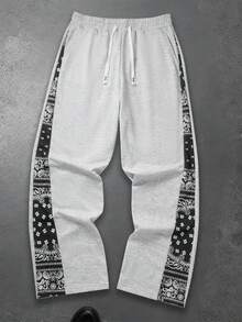 Men's Paisley Print Straight Leg Casual Sweatpants, Loose Fit, Suitable For All Seasons, Ideal For Daily Wear, Vacation, Travel And Outdoor Leisure - Light Grey - View 2