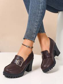 Giày lười nữ đế dày, cao gót, kiểu Anh, trang trí kim loại, kiểu dáng slip-on, đế dày chống trượt, thích hợp cho công sở và thường ngày. - màu nâu - Xem 2