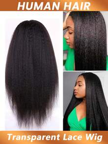 13x4 Transparent Kinky Straight Lace Front Wigs Yaki Straight Human Hair Wigs Bleached Frontal Wigs Texture & Full Volume For Women Pre Plucked 200% Density - Natural Black - View 5