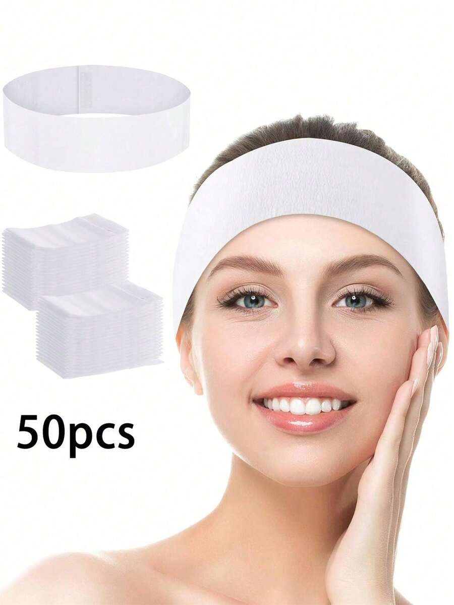 50条一次性SPA面部护理头带，弹性无纺布头带，适用于皮肤护理，柔软发带，易于佩戴，适合女性美容院使用，白色 - 彩色 - 查看 1