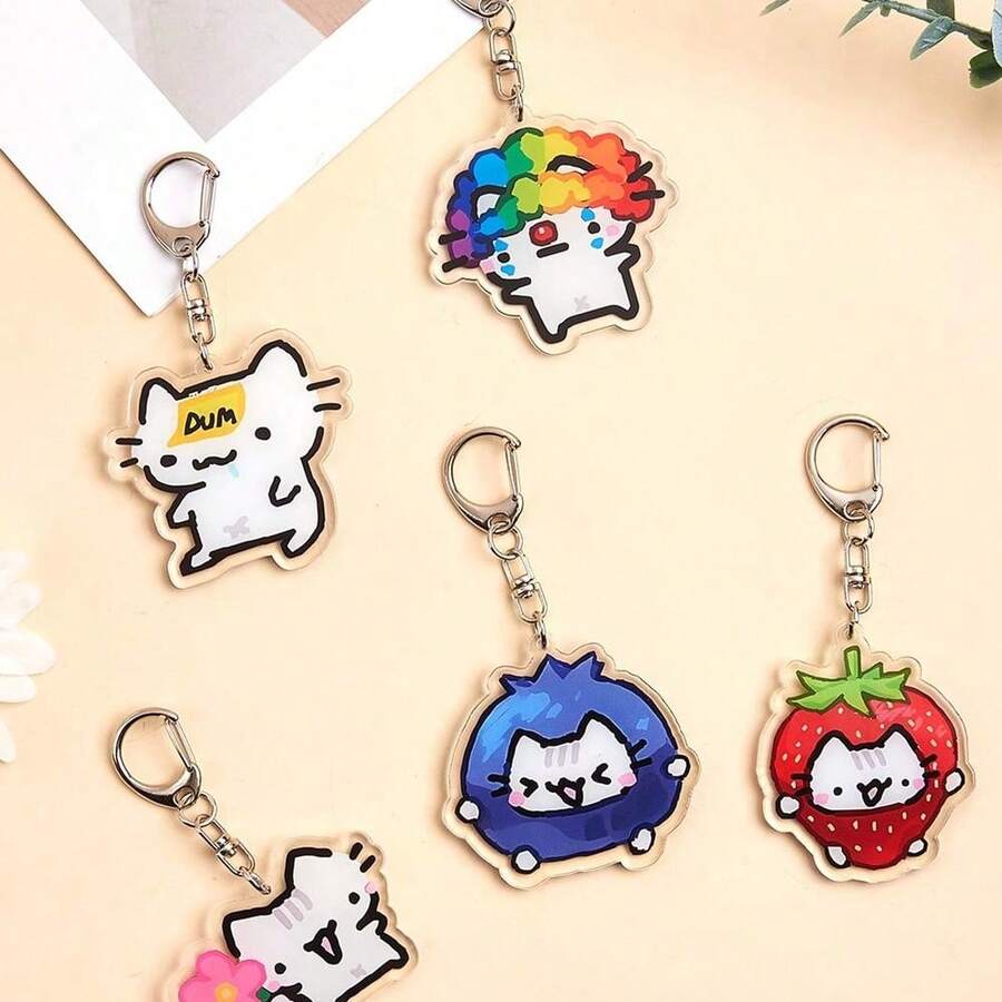 1pc/5pcs Acrylic Cute Cartoon Line Cat Keychain Clown Cat Pink Girl Cat Heart Balloon Kitten Animal Theme Keychain Pendant Car Keychain Back Pack Ornament Bag Accessories School Bag Accessories Purse Pendant Car Keychain Suitable For Gift Car Accessories Bag Charm Animal Goth Y2k - 彩色 - 查看 1