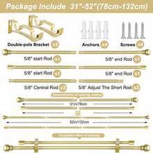 Thanh treo rèm hai lớp, dài từ 28 đến 148 inch, giá đỡ kẹp chắc chắn, thanh đôi bằng kim loại 5/8 inch dành cho rèm cửa, các đoạn thanh có thể điều chỉnh, đầu trang trí. - Vàng - Xem 15