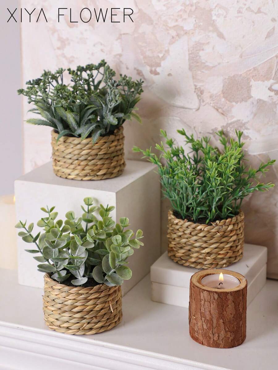 3pcs/Set Artificial Woven Mini Planters: Eucalyptus, Rosemary, And Mimosa Artificial Plants In Different Shapes, Seagrass Ropes, Gifts, Artificial Plants, Grass Mounds, Green, PE Material, Polyester Fiber Material, Handmade, Wedding Decor, Graduation Gift Decor, Valentine's Day, Easter Decor, Home Decor