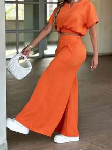 Conjunto de 2 piezas de top con escote entallado y pantalones de pierna ancha, casual y elegante para uso diario y vacaciones, primavera/verano - Naranja - Ver 3