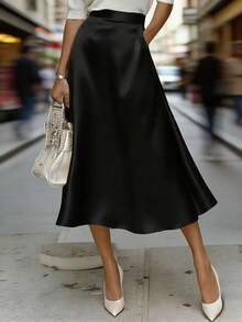 女士纯色高腰优雅OL风中长裙 春季黑色 - 黑色 - 查看 2