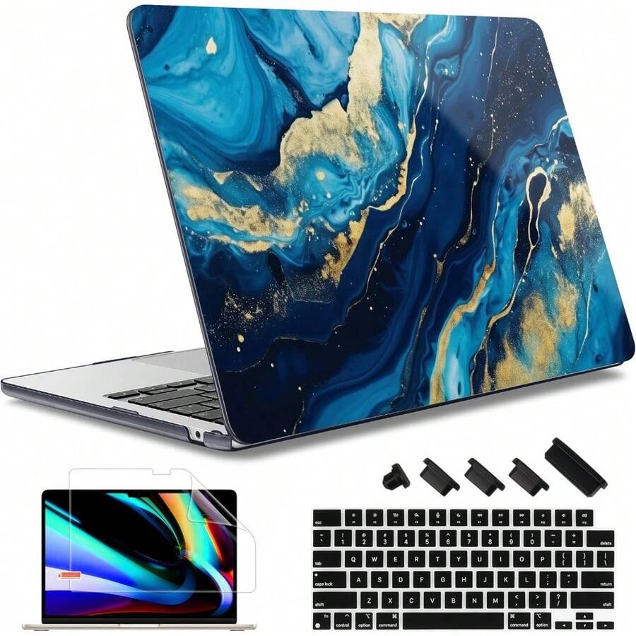 For MacBook Air 13.6 Inch Case A3240 M4 A3113 M3 A2681 M2 With Retina Dispaly, 2025 2024 2023 2022 Release, Plastic Hard Shell Case With Screen Protector & Keyboard Cover, Chalk Pink Bow - Blue Marble Texture - View 1
