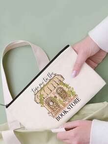 1/2pcs Set Large Capacity Beige Canvas Floral & Book Themed Printed Tote Bag And Zipper Storage Bag Set, Fashionable Floral & Book Themed Shoulder Bag, Shoulder Bag, Multifunctional Portable Travel Storage Makeup Set, Suitable For Back To School, Graduation, Travel, Birthday, Anniversary, Teacher's Day, Thank You Gifts, Essential For Students And Teachers, Great For Travel