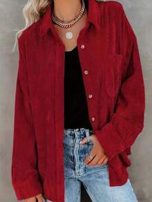 Women's Corduroy Button-Up Long Sleeve Pocket Casual Jacket - Burgundy - View 3